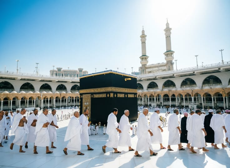 معتمرون يطوفون حول الكعبة المشرفة